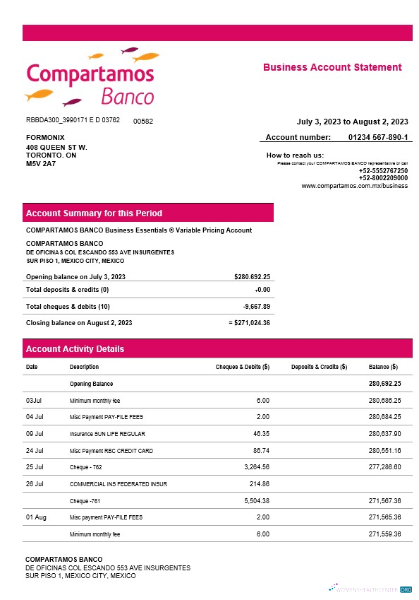 Download Compartamos Banco organization account statement Word and PDF template Photoshop template